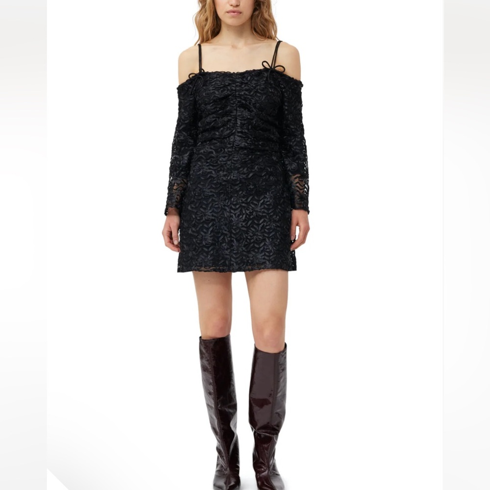 Ganni Black Ribbon Tulle Mini Dress S / US 4 / EU 36 – Off‑Shoulder, NWT